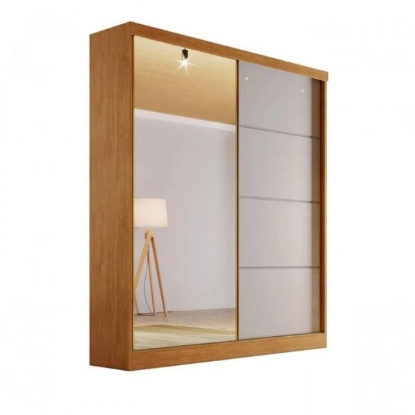 Guarda-Roupa Casal Com Espelho 2 Portas de Correr 100% MDF Veneza Naturall/Off White - Bianchi