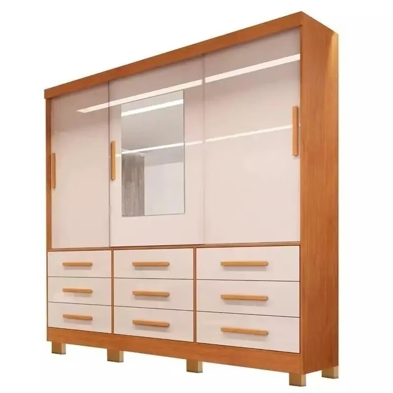 Guarda-Roupa Casal Athenas com Espelho 3 Portas 9 Gavetas Nature/Off White - Bianchi