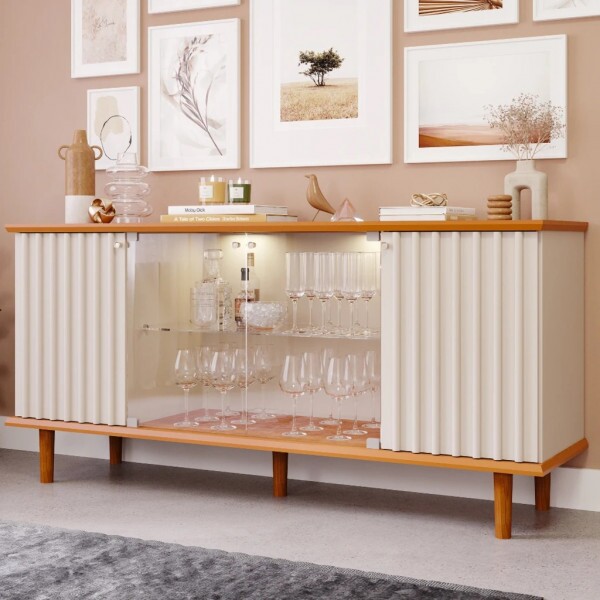 Buffet Aparador 4 portas 100% MDF, com Vidro Temperado Janice Cimol Nature/off White