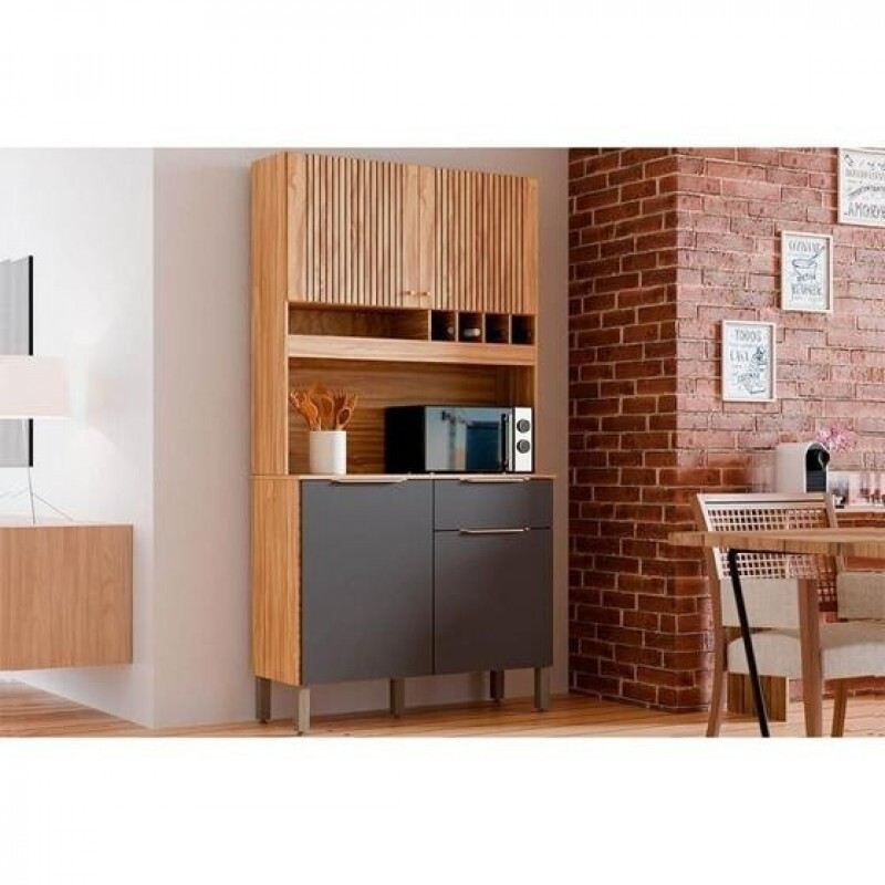 Armário de Cozinha Kit 4 Portas 1 Gaveta em MDF Ronipa Moscato Amendoa/Chumbo