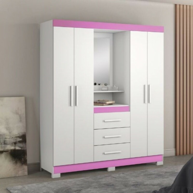 Guarda Roupa Solteiro 4 Portas 3 Gavetas NT5015 Notável Móveis - Branco/ Rosa Guarda Roupa Solteiro 4 Portas 3 Gavetas NT5015 Notável Móveis - Branco/ Rosa
