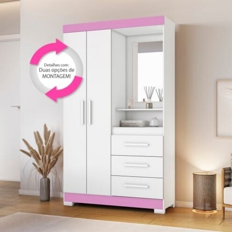 Guarda Roupa Solteiro 2 Portas 3 Gavetas Nt6020 Branco/Rosa Nótável Móveis