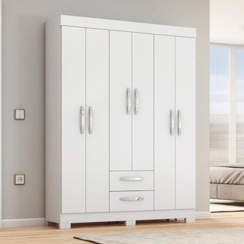 Guarda-roupa Nt6015 com 6 Portas e 2 Gavetas Branco/Rosa Notável