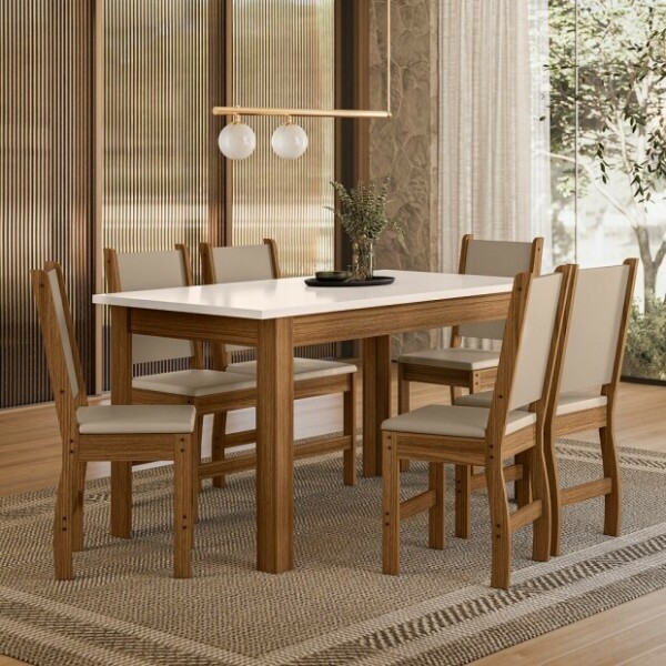Conj. Mesa Bellagio 150x77cm, c/ 6 Cadeiras Clara, Carvalho/ Off white - Poliman Conj. Mesa Bellagio 150x77cm, c/ 6 Cadeiras Clara, Carvalho/ Off white - Poliman