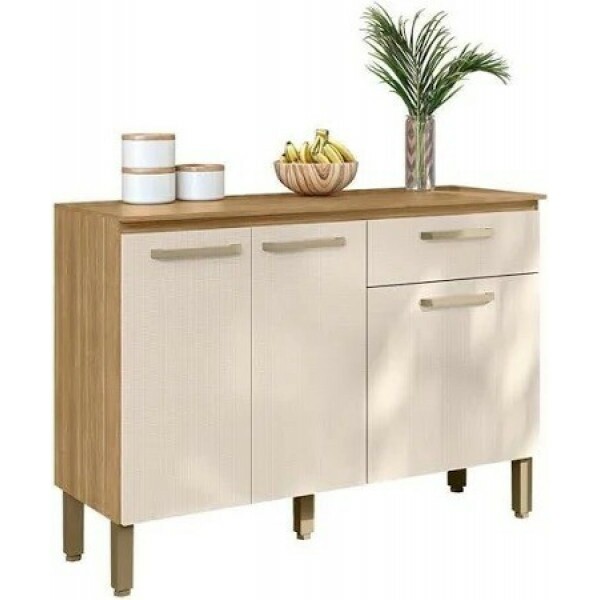 Balcão de Cozinha com Tampo 3 Portas 1 Gav 120cm Paraná Versalhes - Freijó Soft  Balcão de Cozinha com Tampo 3 Portas 1 Gav 120cm Paraná Versalhes - Freijó Soft