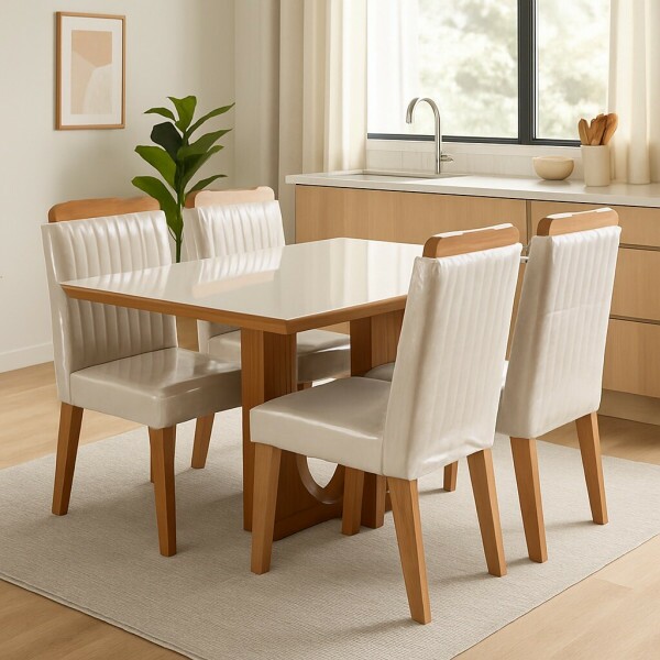 Conjunto para Sala de Jantar  135x90cm Frisa com 04 Cadeiras Riviera Castanho / Off White- LJ Moveis