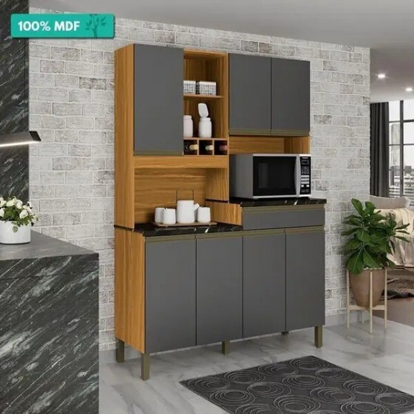 Armário de Cozinha100% MDF 7 Pts Ronipa Verdot Amendoa/Chumbo