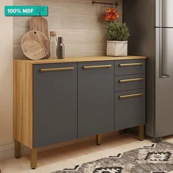 Balcão de Cozinha Carménère 3 Pts 120cm Amendoa/Chumbo - Ronipa	