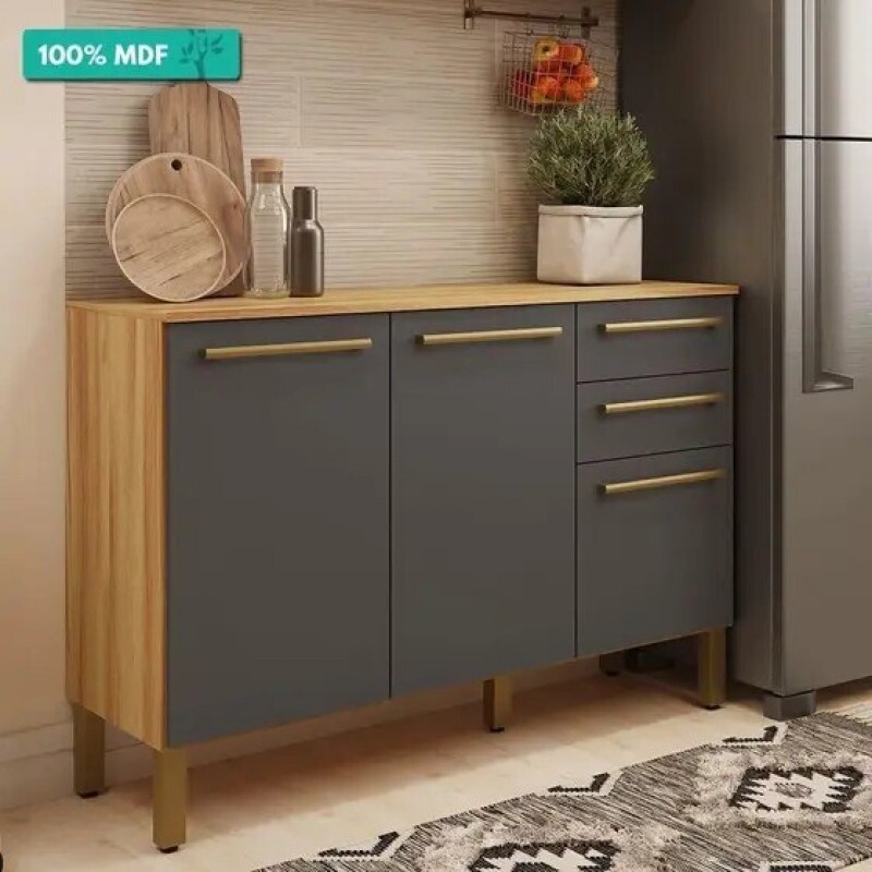 Balcão de Cozinha Carménère 3 Pts 120cm Amendoa/Chumbo - Ronipa	