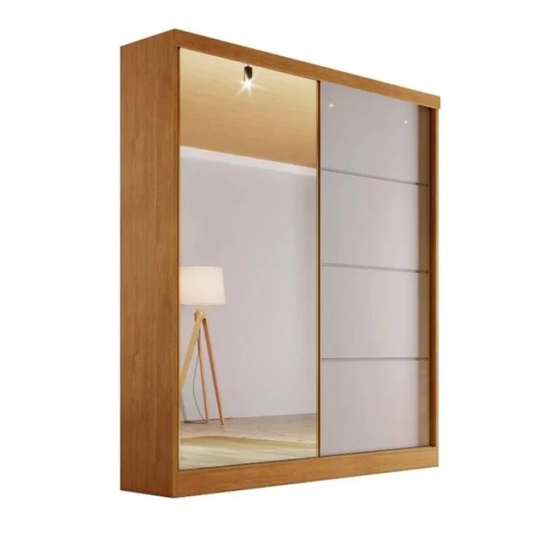 Guarda-Roupa Casal Com Espelho 2 Portas de Correr 100% MDF Veneza Naturall/Off White - Bianchi