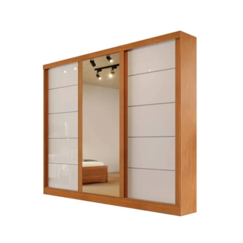  Guarda-Roupa Casal Com Espelho 3 Portas de Correr 100% MDF Capri Naturall/Off White - Bianchi