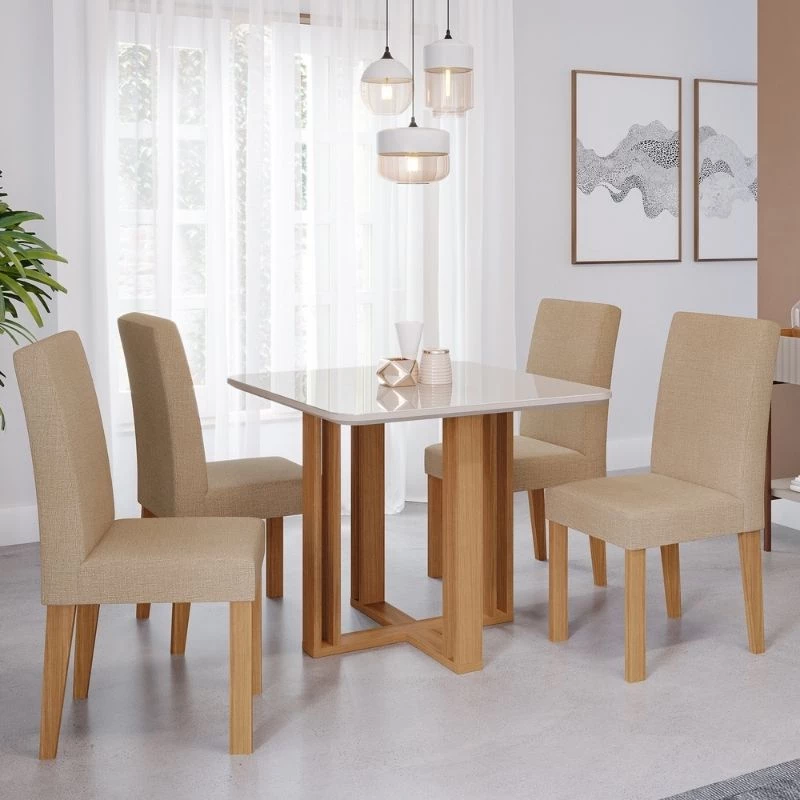 Conjunto de Mesa Flora Cimol Quadrada 94X94 Nature / Off White / Gengibre