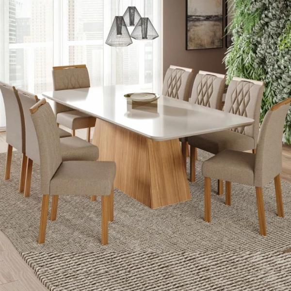 Conjunto de Mesa Helena 8 cadeiras Cimol Retangular 210X100 Nature/Off Ehite/Linho Bege