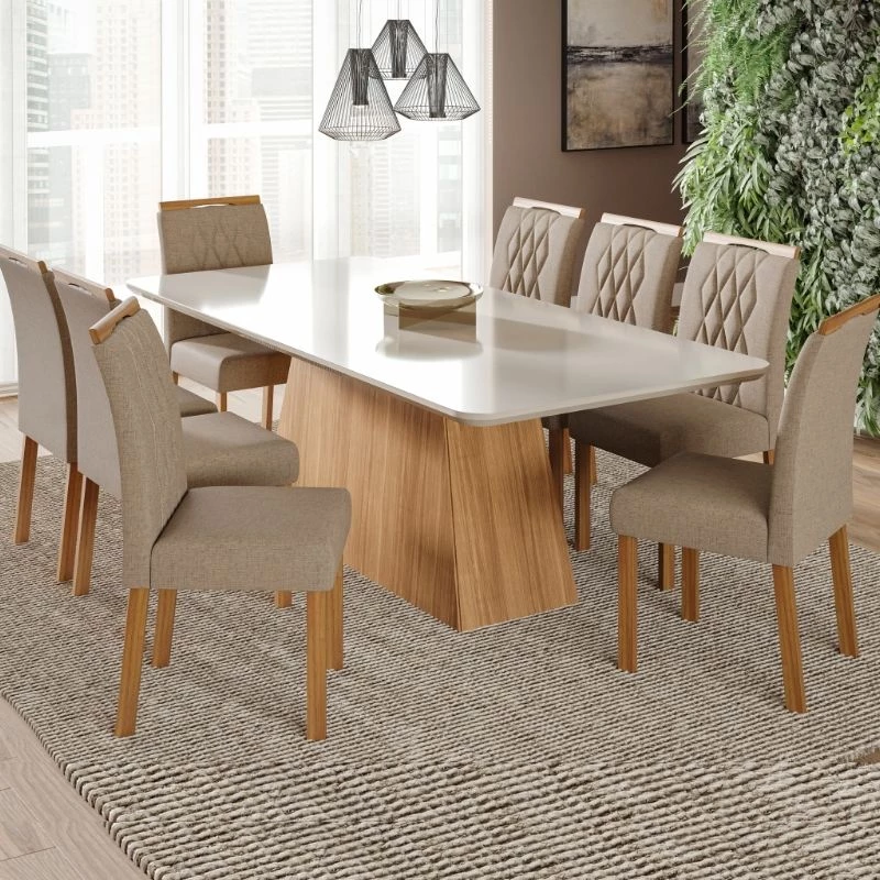 Conjunto de Mesa Helena 8 cadeiras Cimol Retangular 210X100 Nature/Off Ehite/Linho Bege