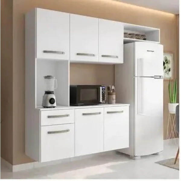 Armário de Cozinha Completa Suspenso com Balcão 6 Portas 1 Gaveta Belíssima Branco Brilho Fiorello