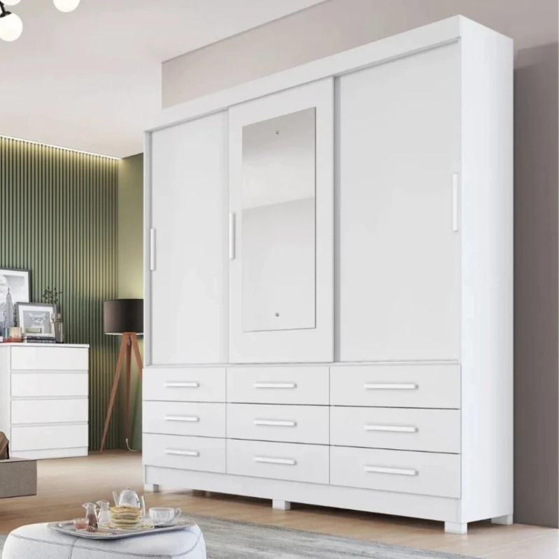 Guarda Roupa Casal com Espelho 3 Portas 9 Gavetas Buriti Branco - Novo Horizonte