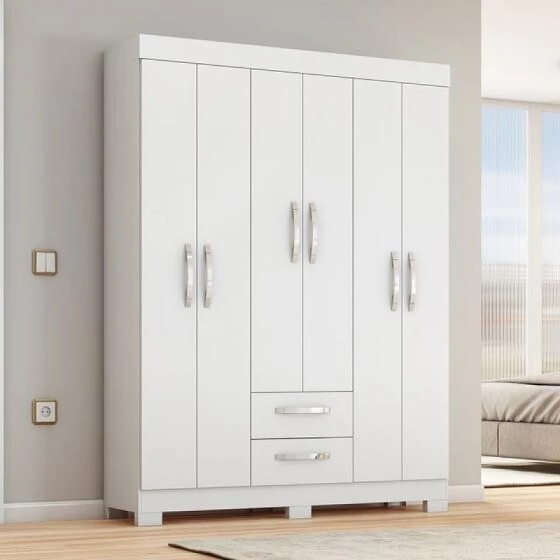 Guarda-roupa Nt6015 com 6 Portas e 2 Gavetas Branco/Rosa 