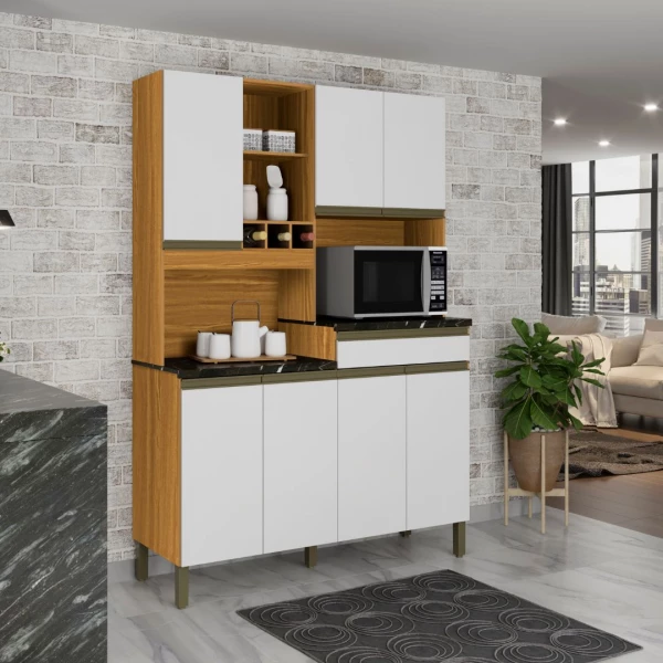 Armário de Cozinha Kit em MDF 7 Portas 1 Gaveta Ronipa Verdot Perfil Amendoa/Branco